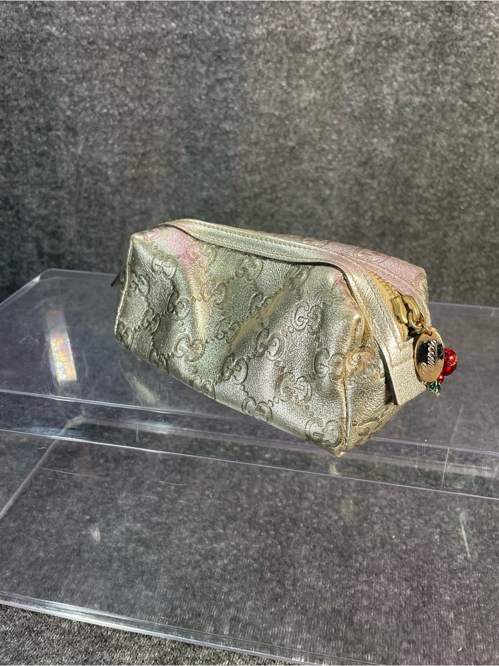 Gucci Italy Made Metallic GG Signature Leather Cosmetic Pouch Bag Used
